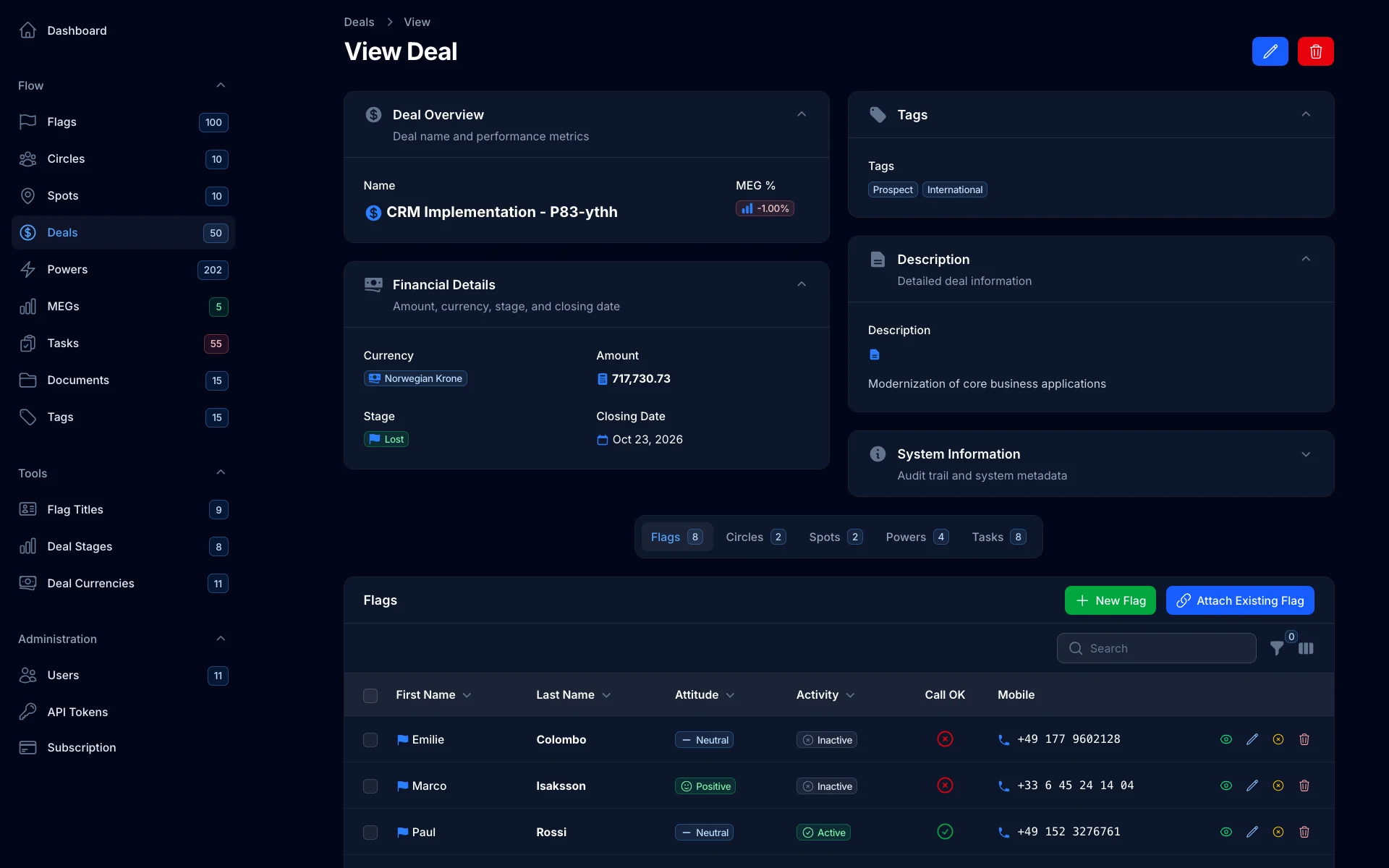 Deal page with flags and MEG (Mathematical Expectation of Gain) (dark)